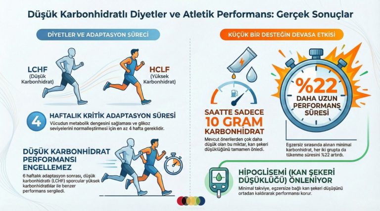 Karbonhidrat alımı, çok düşük ve yüksek karbonhidratlı izokalorik diyetlere adapte olmuş triatletlerde hipoglisemiyi ortadan kaldırır ve dayanıklılık egzersizi performansını artırır